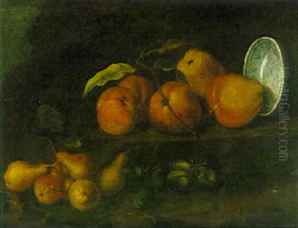 Still Life Of Apples, Pears, Plums And A Blue And White Porcelain Bowl, All Upon A Stone Ledge - view 1