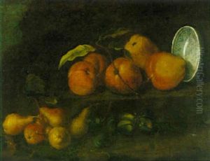 Still Life Of Apples, Pears, Plums And A Blue And White Porcelain Bowl, All Upon A Stone Ledge by Giovanni Battista Ruoppolo