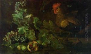 A Cockerel Watching A Swallowtail Butterfly Amongst Figs, A Pomegranate And Grapes On A Bank