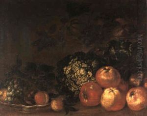 A Still Life Of Apples, Green Cabbages And Vines On The     Ground With A Pewter Plate Filled With Figs, A Pear And A
