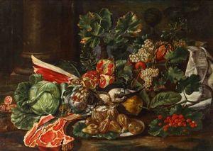 Stillleben Mit Obst, Vogeln Und Fleisch by Giuseppe Ruoppolo