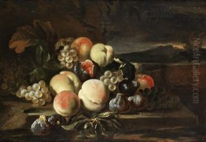 Figs, Peaches, Grapes And Other Fruit On A Stone Ledge, Before An Open Landscape by Giuseppe Ruoppolo