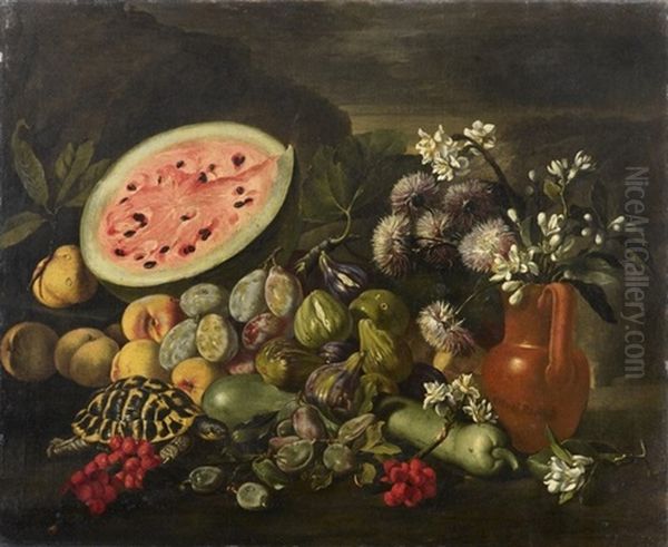 Pesche, Un'anguria Aperta, Una Tartaruga, Sorbe, Susine, Fichi, Una Zucca, E Crisantemi E Zagare In Una Brocca (+ Garofani In Un Vaso Di Maiolica, Mele, Uve E Un Cardo Su Una Roccia, In Un Paesaggio Agreste; 2 Works) - view 1