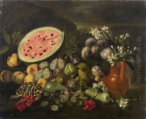 Pesche, Un'anguria Aperta, Una Tartaruga, Sorbe, Susine, Fichi, Una Zucca, E Crisantemi E Zagare In Una Brocca (+ Garofani In Un Vaso Di Maiolica, Mele, Uve E Un Cardo Su Una Roccia, In Un Paesaggio Agreste; 2 Works)