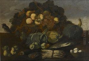 A Basket Of Peaches And Grapes With Cabbages, Pears, A Bunch Of Asparagus, Fish And A Dish Of Eggs by Giuseppe Ruoppolo