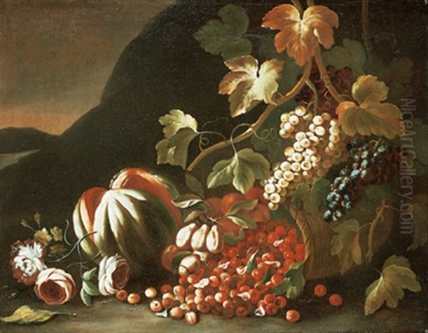 Natura Morta Con Melone, Uva E Un Cesto Di Ciliege Rovesciato - view 1