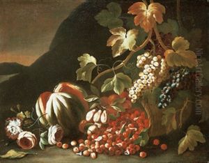 Natura Morta Con Melone, Uva E Un Cesto Di Ciliege Rovesciato