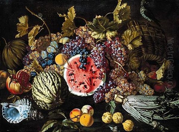 A Still Life Of Grapes, Plums, Watermelons, Peaches, Lemons, A Cardoon, An Open Pomegranate, Together With A Shell, A Snail And Other Objects - view 1