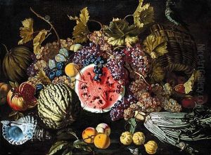 A Still Life Of Grapes, Plums, Watermelons, Peaches, Lemons, A Cardoon, An Open Pomegranate, Together With A Shell, A Snail And Other Objects