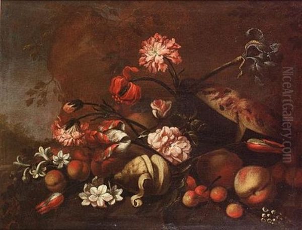 Peaches, A Melon, A Lemon And Other Fruit With Tulips, An Iris, Chrysanthemums And Other Flowers In A Landscape (+ Peaches With Narcissi, Tulips, Chrysanthemums And Other Flowers In A Landscape; Pair) - view 1