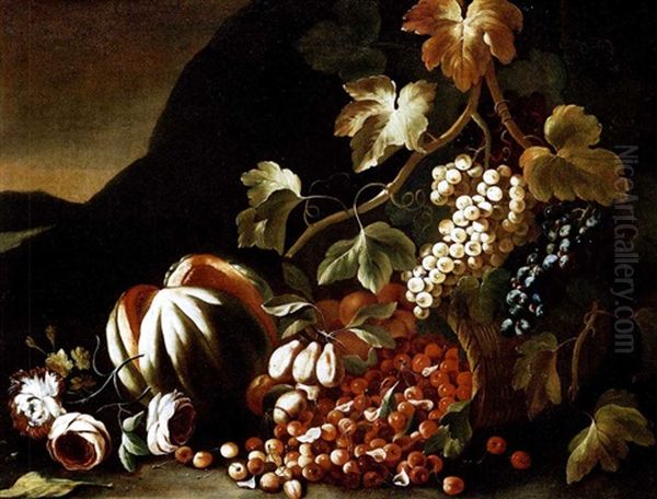 Natura Morta Con Melone, Uva E Un Cesto Di Ciliegie Rovesciato - view 1