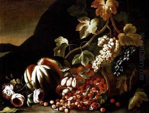 Natura Morta Con Melone, Uva E Un Cesto Di Ciliegie Rovesciato