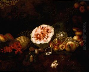 Still Life Of A Watermelon, Pomegranates, Grapes, Wild Strawberries, Apples And Plums In A Landscape