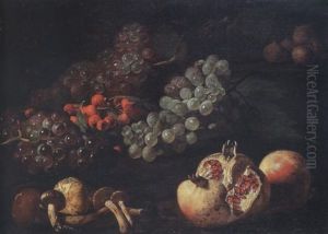 Mushrooms, Pomegranates, Grapes, Cherries And Figs On A Stone Ledge