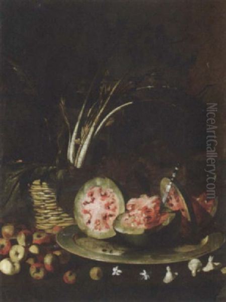 Celery In A Basket, A Sliced Watermelon On A Silver Plate, With Apples, All On A Ledge - view 1