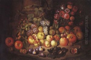 Nature Morte De Fleurs Et De Fruits Sur Un Entablement