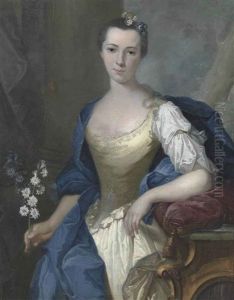 Portrait Of A Lady, Three-quarter-length, In A Pale Yellow Embroidered Dress And Blue Wrap, Holding White Flowers, Leaning On A Red Velvet Cushion