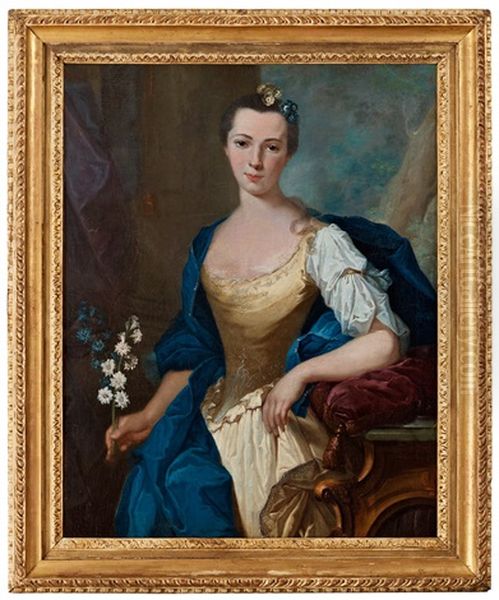 Portratt Av Adelsdam Staende Vid Ett Konsolbord Hallandes Vita Och Bla Blommor I Sin Hogra Hand, Tre-kvarts Langd - view 1