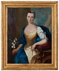 Portratt Av Adelsdam Staende Vid Ett Konsolbord Hallandes Vita Och Bla Blommor I Sin Hogra Hand, Tre-kvarts Langd
