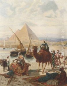 Nomads Resting By The River With Pyramids Beyond Nomads Resting By The River With Pyramids Beyond