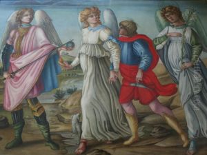 Archangel Michael With Raphael And Gabriel As They Accompany Tobias by Francesco Botticini