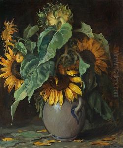 Sonnenblumen In Grau-blauer Steinzeugkanne