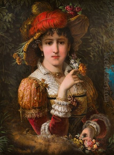 Dame Mit Blumen Und Federhut - view 1