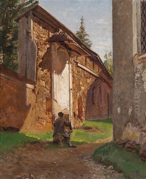 Sonnenbeschienener Winkel Bei Der Kirche Von Eisenerz An Der Staffage Der Maler Robert Russ - view 1