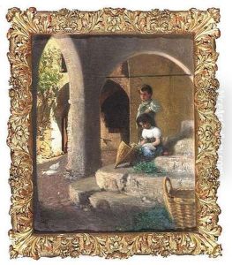 Zwei Kinder Mit Einem Blumenkorb Unter Einem Bogengang by Franz Russ the Younger