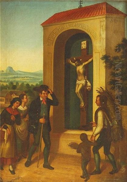 Bauerliche Familien Begrusen Sich Vor Einer Wegkapelle Mit Darstellung Christi Am Kreuz, - view 1