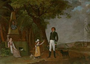 Familie Des Tittl. Herrn Joh. Anton Erben K.k. Salzversilber In Der Leystadt Trautenau .... Paar Mit Kleinem Madchen In Parklandschaft Vor Gedenkstein
