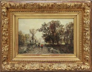 Herbstlicher Weg Mit Bauern Und Ihrem Pferdefuhrwerk An Einem Flusslauf Herbstlicher Weg Mit Bauern Und Ihrem Pferdefuhrwerk An Einem Flusslauf