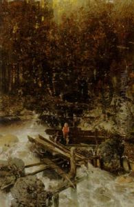 Children Playing By A Torrent In A Forest