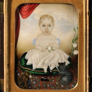 Portrait Miniature Of Little Girl With Her Cat And Dog