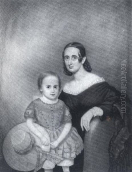 Portrait Of A Mother In A Black Dress With A Child In A Blue Dress Holding A Straw Hat - view 1