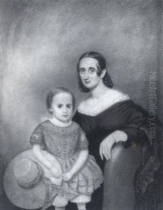 Portrait Of A Mother In A Black Dress With A Child In A Blue Dress Holding A Straw Hat by Clarissa Peters Russell