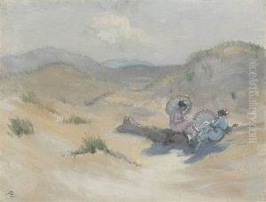 Two Women On A Beach With Parasols by George William Russell