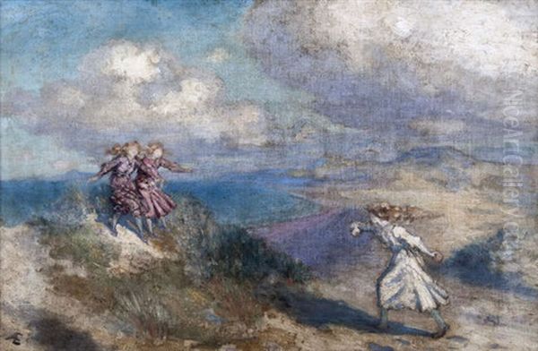 Three Girls Playing In The Sand Dunes, Donegal - view 1