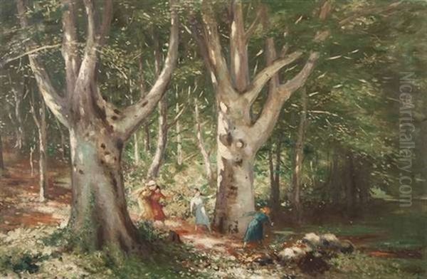 Children Playing In Woodland Glade - view 1