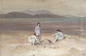 Children On A Beach Building Sandcastles by George William Russell