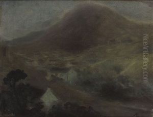 Night Scene With Cottages At Base Of A Mountain