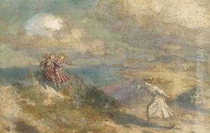 Three Girls Playing In The Sand Dunes by George William Russell