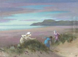 Three Children Playing In The Sand Dunes by George William Russell