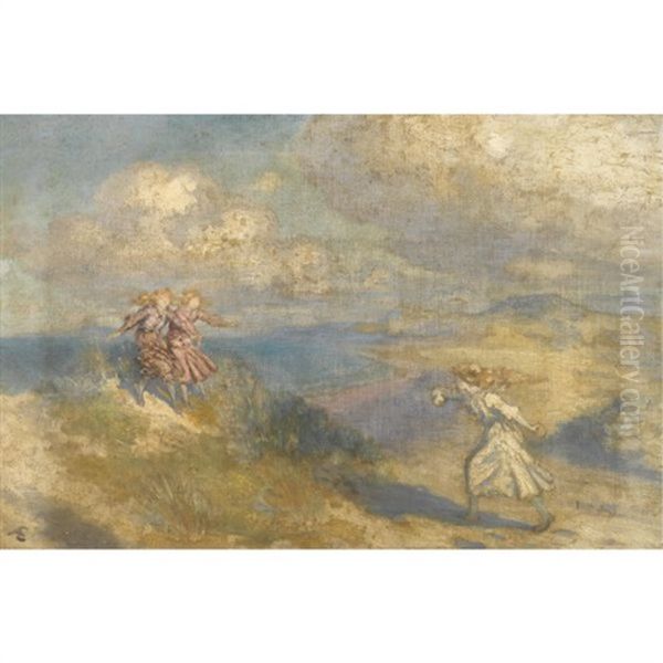 Three Girls Playing In The Dunes - view 1