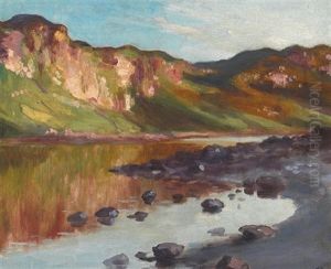 Lake Shoreline With Hills Reflected In Water