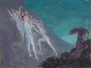 Fairies Appearing To A Woman On A Mountainside At Dusk by George William Russell