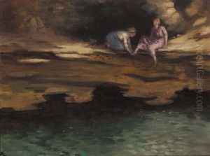 Two Women On A Rock Ledge Above A Pool
