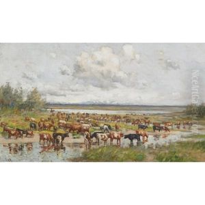 Herd Of Cattle Grazing By The Water by George Horne Russell
