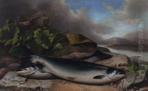 A Brace Of Grilse On A River Bank by John Russell