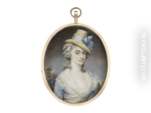 A Lady, Wearing Blue Dress, Pale Yellow Sash And White Fichu, Her Powdered Wig Worn A La Conseilleur And Secured With A White Bandeau Beneath Her Straw Hat Finished With Blue Ribbon - view 1